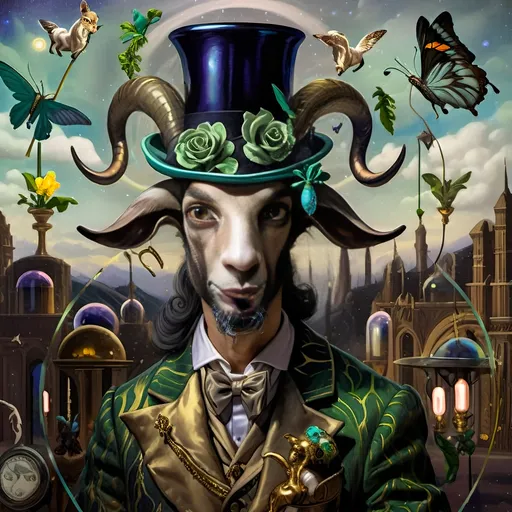 Prompt: A Seven Wonders Art Glass Studio oil masterpiece painting of a goat with a top hat and flowers on its head and a butterfly honoring Nuit.  Commissioned Spring Equinox 1467 Renaissance pop surrealism, pj crook, a detailed painting