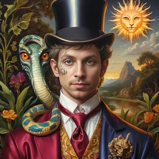 Prompt: (Renaissance portrait masterpiece), a whimsical (@magician) satyr, surrounded by mystique serpent transformation elements, honoring (@Horus) and (@Nuit). Vivid glass art techniques, intricate details, baroque elements, serene Arcadian landscape in the background, rich vibrant colors, warm golden tones, dramatic lighting, ethereal atmosphere that reflects a fusion of mythology and artistry, ultra-detailed HD quality.