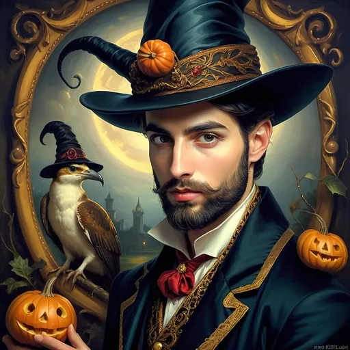 Prompt: (honoring Nuit), captivating handsome man magician with an elegant beard, wearing a pointed witch hat, (renaissance baroque painting style), facial features highlighted in detail, dark mystical background that enhances the allure, rich deep colors creating dramatic contrast, elements of Halloween celebration subtly interwoven, inviting an atmosphere of enchantment and mystery, ultra-detailed, a captivating masterpiece.