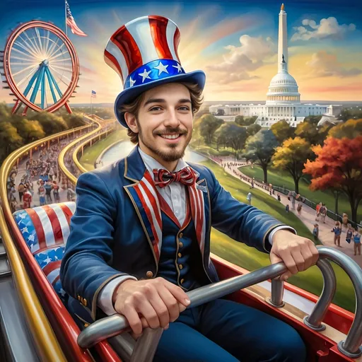 Prompt: (A Seven Wonders Art Glass Studio masterpiece) painting of a man wearing a patriotic hat, (thrilling pose) riding the Freedom rollercoaster, (vibrant colors), scenic background of Freedom Park in D.C., (dynamic movement), celebrating freedom, eternal spark of joy, whimsical ambiance, soft warm lighting, highly detailed, clarity, engaging and joyful atmosphere, surrounded by delighted visitors, landmarks in the distance.