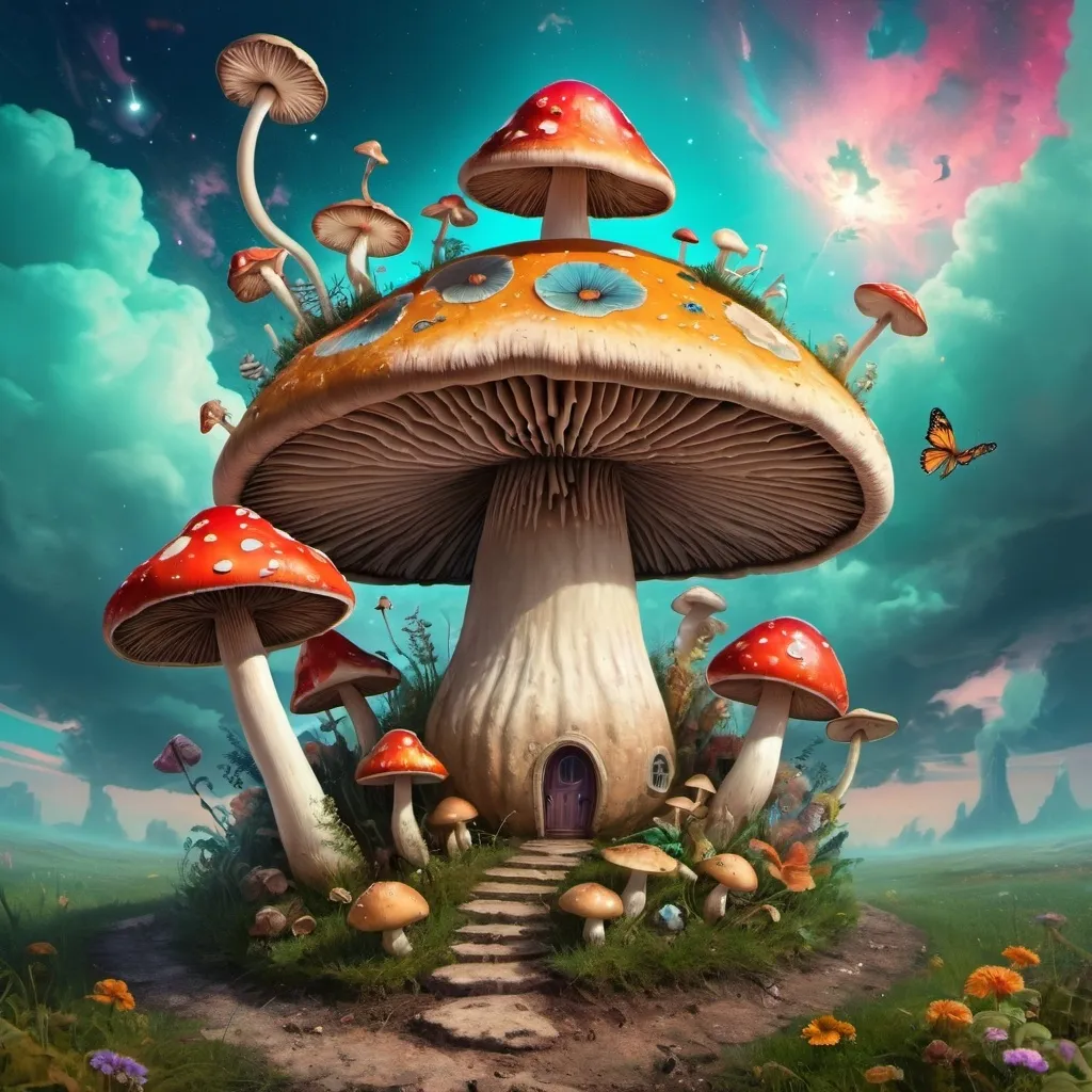 Prompt: a mushroom with a lot of different things around it in the sky and on the ground, all around it, Art Green, psychedelic art, fantasy artwork, digital art