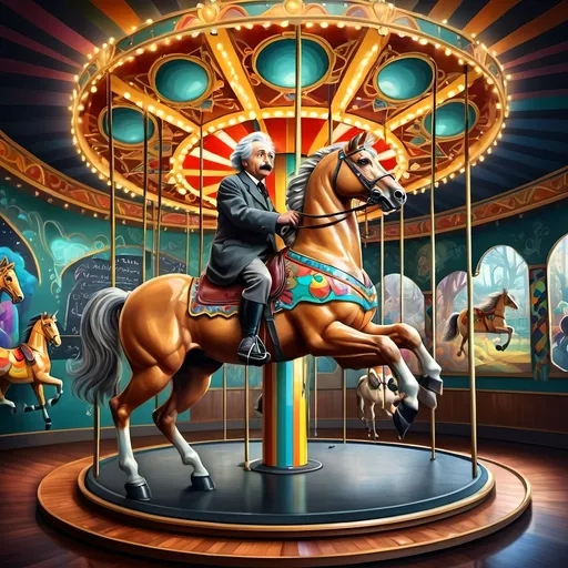 Prompt: Carousel of Science, (vibrant art deco style), (highly detailed) digital painting, Albert Einstein on a carousel, horse riding in front, intricate chalkboard in the background, colorful geometric patterns, dynamic composition, sharp lines, depth in shadows and highlights, ultra-fine details, captivating atmosphere, visually striking, evoking curiosity and wonder, HD quality.