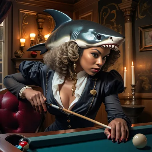 Prompt: (shark in a suit, playing pool), fine art, (pop surrealism) influences, classical painting style, whimsical atmosphere, (detailed textures), vibrant color tones, deep blues and greens, mixed with rich burgundies, engaging composition, pool cues and balls (surreal twist), intricately painted background with elements of artistry, 4K quality, (evocative mood), inspired by 7 Wonders Art Glass Studio, honoring Nuit.