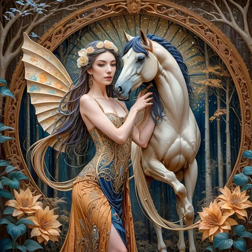 Prompt: A Seven Winders Art Glass Studio exquisite oil Renaissance and Art Nouveu painting of a horse in a forest with swirls and trees in the background and a swirly tree, Amanda Sage, fantasy art, intricate oil painting, an airbrush painting