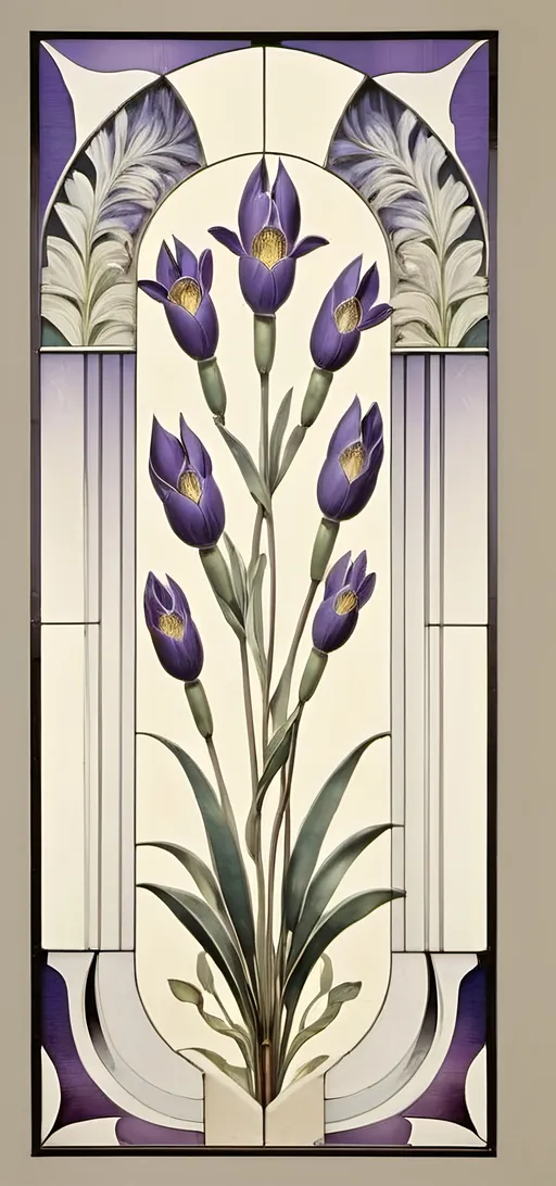 Prompt: Art Deco stained glass window design, (stunning floral patterns), honoring Nuit and Aeon of Horus, vibrant colors blending into delicate imagery, intricate details in glass texture, inspired by the elegance of Art Deco style, (highly detailed), warm ambient light filtering through glass, showcasing the beauty of craftsmanship, 4K quality, perfect for a serene art studio atmosphere.