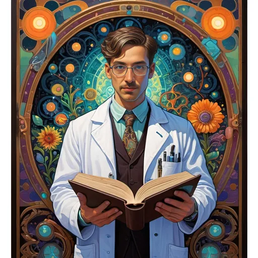 Prompt: Art Nouveau Style Painting, (vibrant colors), a gay man in a lab coat, holding a microscope, and a book in front of him, psychotropic designs, celestial patterns, intricate floral motifs, bold lines, (psychedelic art), (poster design), whimsical ambiance, (Aaron Jasinski-inspired), display of knowledge, captivating gaze, high detail, inviting atmosphere, enchanting background, (ultra-detailed format).