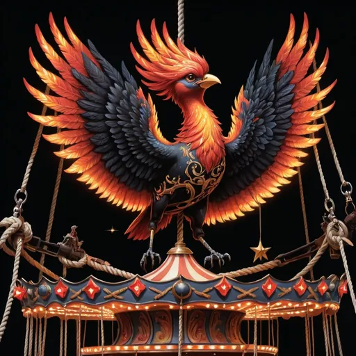 Prompt: a painting of a fire bird on a carousel with a rope and a star in the background, with a black background, Chris LaBrooy, fantasy art, fantasy artwork, a detailed painting