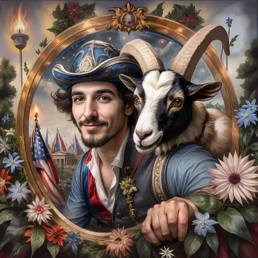 Prompt: A Seven Wonders Art Glass Studio renaissance oil on canvas painting of a man with a goat's head in a circle surrounded by flowers and plants.  Honoring Nuit Spring Equinox 1640