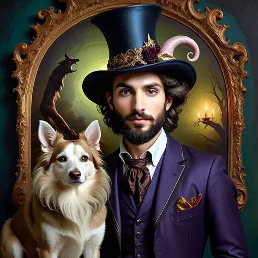 Prompt: (honoring Nuit), moon and stars) captivating handsome man magician, pointed witch hat, facial features highlighted, elegant beard, (renaissance baroque painting style), dark mystical background, rich deep colors with dramatic contrast, elements of Halloween celebration in still life arrangement, enigmatic ambiance, intricate shadows and light, (highly detailed), evoking intrigue and enchantment.