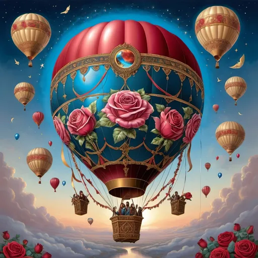 Prompt: (Balloons of Humanity), (Aeon of Horus), a magnificent hot air balloon adorned with vibrant roses symbolizing humanity's love and kindness, soaring gracefully through a cerulean sky, encircled by shimmering crescent and glimmering star in the background, in (Renaissance style), luminous color palette, fantasy art, highly detailed digital art, extraordinary composition, masterpiece, intricately painted.