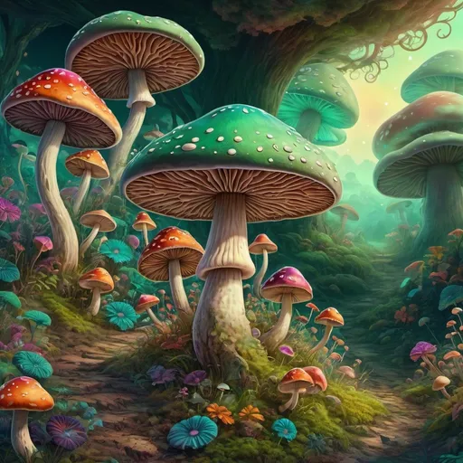 Prompt: (mushroom), (psychedelic art), swirling colors, whimsical elements floating in the sky, vibrant multicolor motifs and patterns, fantasy landscape, detailed ground textures with various flora, surreal atmosphere, dreamlike quality, digital art, ethereal glow, enchanting scene, (Art Green), captivating colors, intricate details, high definition, imaginative design.