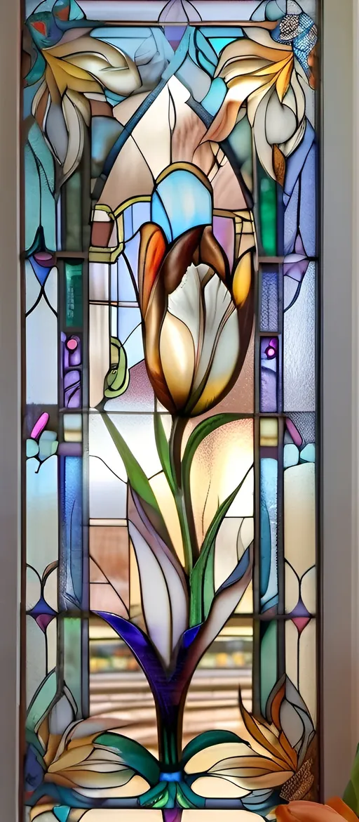 Prompt: A Seven Wonders Art Glass Studio stained glass window with a Art Deco designed tulip flower in it's center and a stem in the middle of the window, Brothers Hildebrandt, arts and crafts movement, modern art deco, an art deco painting