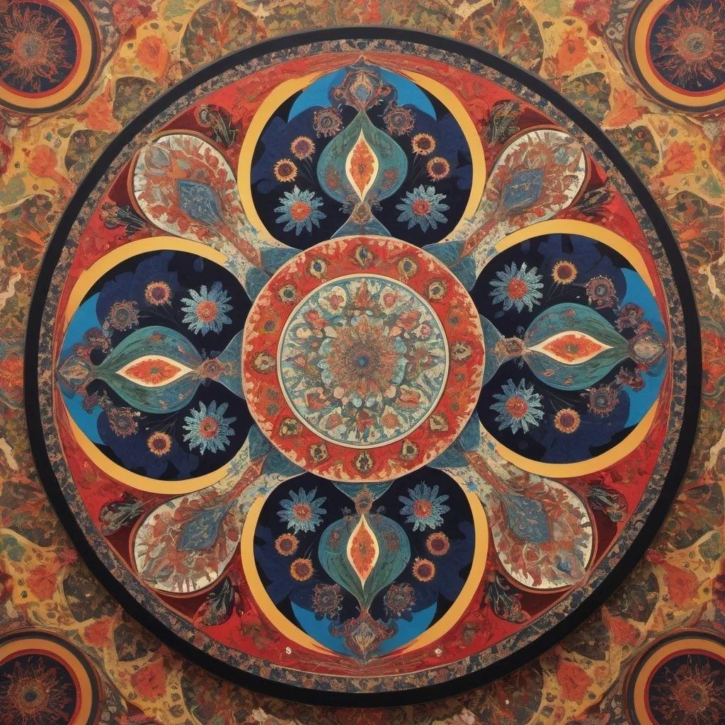 Prompt: a colorful circular design with many different colors and shapes on it's surface, with a circular center piece in the middle, Elizabeth Murray, qajar art, fractals, a silk screen