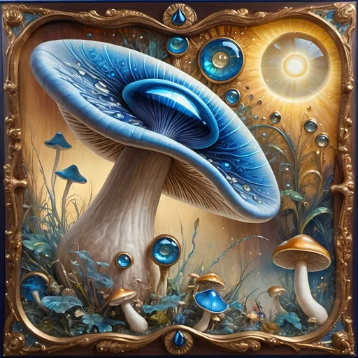 Prompt: a 7 Wonders Art Glass Studio masterpiece oil painting (honoring Nuit) of a magical mushroom with a blue shell and a blue eye on it's face (Eye of Horus)