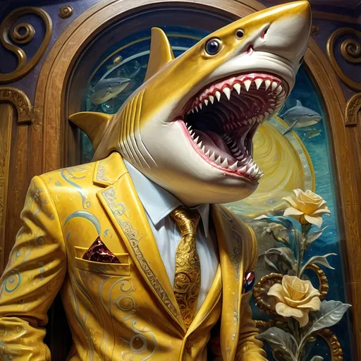 Prompt: a 7 Wonders Art Glass Studio oil painted masterpiece of a shark in a yellow suit with a shark head on his head and a casino in background fantastic realism, loftis, a fine art painting.  Honors the Goddess Nuit.