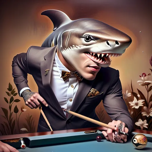 Prompt: (shark in a suit playing pool), (pool cue and ball in front), F. Scott Hess style, pop surrealism, classical painting, (younger and bolder color tones), (highly detailed), dreamy ambiance, intricate textures and reflections, juxtaposition of elegance and playfulness, fine art masterpiece, inspired by 7 Wonders Art Glass Studio, honoring Nuit, ultra-detailed, 4K.