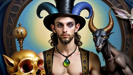 Prompt: A Seven Wonders Art Glass Studio commissioned oil masterpiece of a male satyr-human magician honoring Nuit.  Invoking Thoth Tarot to include The Devil and The Universe.  Magical transformations from Human to Satyr in the mystical land of Pan in Arcadia.  Priceless Art Renaissance quality honoring Nuit.