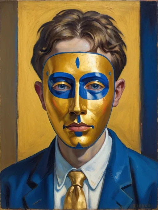 Prompt: a man wearing a blue and gold mask and a white shirt with a gold and blue design on it, Bernie D’Andrea, neo-fauvism, renaissance oil painting, a flemish Baroque