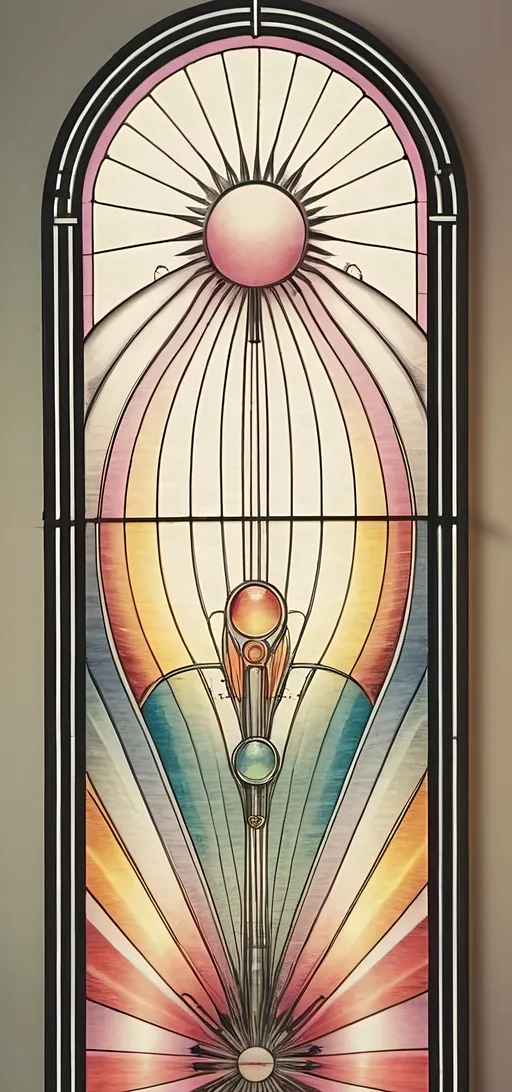 Prompt: Art Deco stained glass window design, (stunning floral patterns), honoring Nuit and Aeon of Horus, vibrant colors blending into delicate imagery, intricate details in glass texture, inspired by the elegance of Art Deco style, (highly detailed), warm ambient light filtering through glass, showcasing the beauty of craftsmanship, 4K quality, perfect for a serene art studio atmosphere.