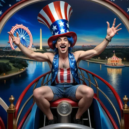 Prompt: (A Seven Wonders Art Glass Studio masterpiece) painting of a man wearing a patriotic hat, (thrilling pose) riding the Freedom rollercoaster, (vibrant colors), scenic background of Freedom Park in D.C., (dynamic movement), celebrating freedom, eternal spark of joy, whimsical ambiance, soft warm lighting, highly detailed, clarity, engaging and joyful atmosphere, surrounded by delighted visitors, landmarks in the distance.