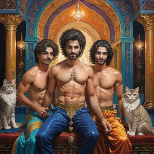 Prompt: (A oil painting), commissioned masterpiece, (vibrant bold colors), showcasing two hairy chested Persian magician lovers, surrounded by an enchanting genie, within a grand Persian gay public bathhouse, set in a Renaissance-era Pan’s Arcadia, rich textures, intricate details, celebrating Nuit, ethereal ambiance, (highly detailed), capturing the magic of love and wish fulfillment.