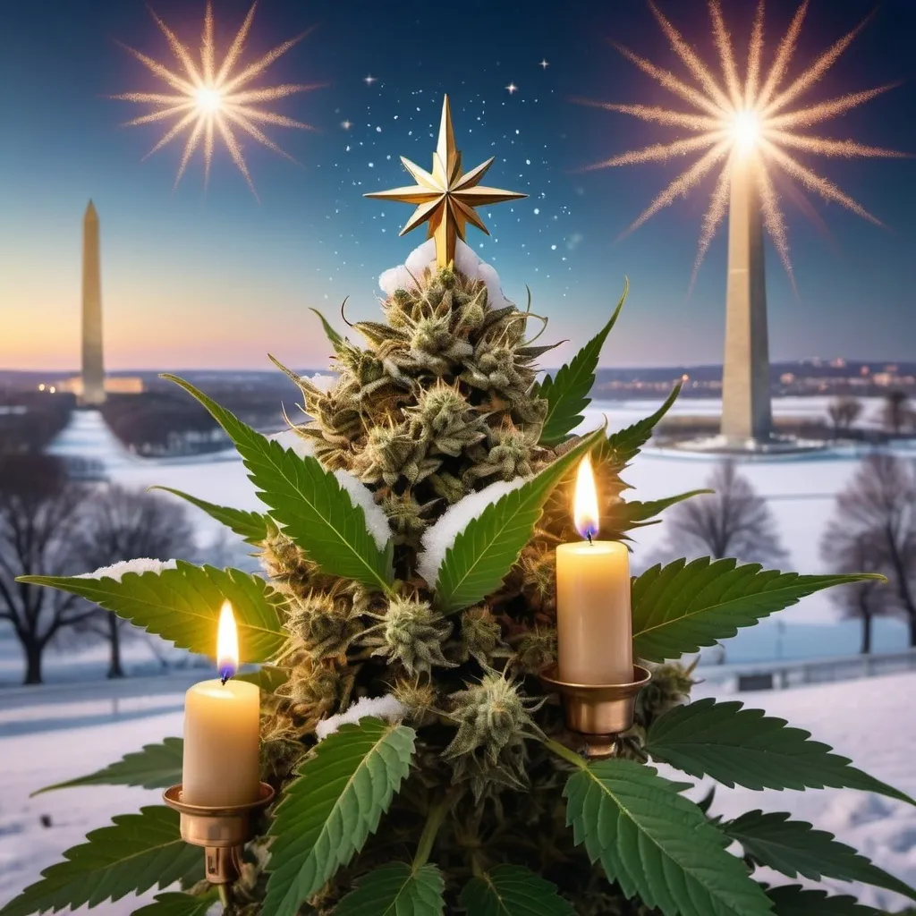 Prompt: a marijuana flowering bud decorated as a christmas tree with candles and a star above it with a snowy landscape in the background and a lit candle with Washington monument