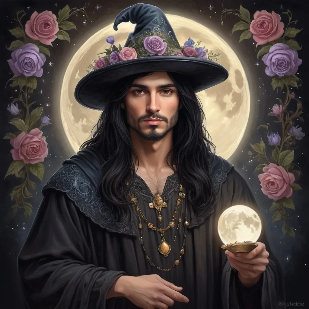 Prompt:  a painting of a dark headed saytr with a magical hat painted on it, magical ambiance, friendly, highly detailed digital painting, an ultrafine detailed painting.  Add Renaissance background.  Adorn with mystic florals.  Add moon influences