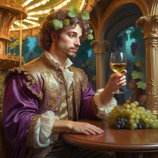 Prompt: (renaissance style painting), Bacchus elegantly holding a glass of wine and a glowing candle, surrounded by lush grapes, set against a whimsical carousel, (highly detailed digital art), soft pastel color palette, inspired by Donato Giancola, baroque elements throughout, enchanting atmosphere, dynamic and vibrant composition, 4K ultra-detailed rendering.