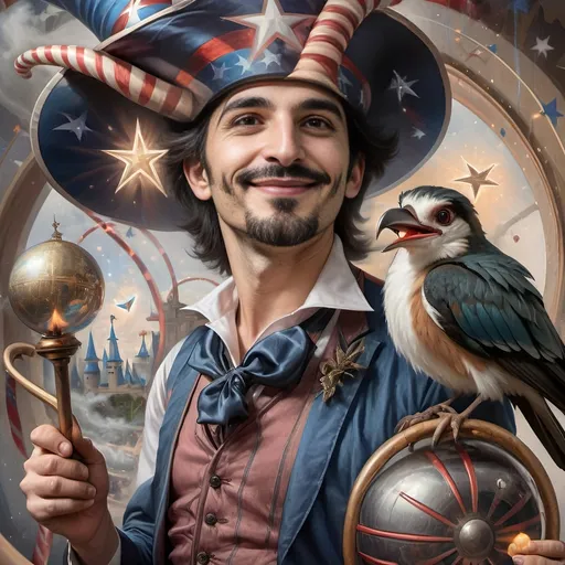 Prompt: A (captivating) oil painting depicting a (mysterious magician) with a (horned head), a (bird perched gracefully on his shoulder), holding a (beautifully crafted cane) and an (orb in his hand), beautifully capturing themes of (fantasy) and (transformation). Character portrait-style, influenced by (Clint Cearley's) signature artistry, with ethereal hues and (vivid detailing) honoring the legendary figures of (Pan and Nuit), set against a dreamy, (surreal background) that evokes wonder.