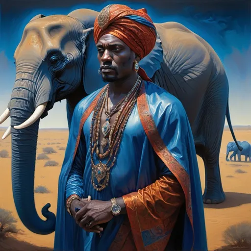 Prompt: (emphasizing a fine art painting), (dark fantasy art), a man in a turban, wearing a flowing blue cape, majestic elephant in the background, intricate details, vibrant colors, rich textures, heavy brush strokes, David Giancola style, (surreal atmosphere), infused with afrofuturism elements, highly sophisticated composition, cinematic lighting, evocative imagery, ultra-detailed, masterpiece quality.