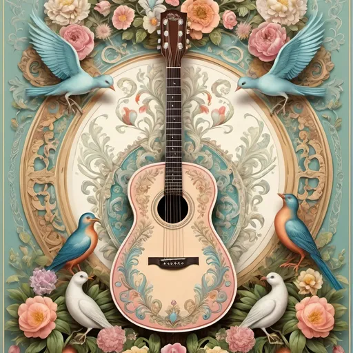 Prompt: (artstyle-renaissance) poster design, (pastel color scheme), centerpiece guitar, surrounded by decorative elements, exquisite eggs, (delicate birds), vibrant flowers, inspired by Ernst Haeckel, rich folk art details, (elaborate) design touches, influences of Flemish Baroque, (elegant composition), soft lighting, (ethereal vibe), ultra-detailed, high quality