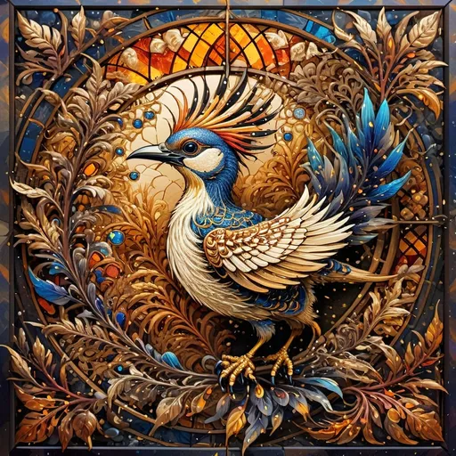 Prompt: (main subject: bird perched on a branch), surrounded by (vibrant stained glass window) showcasing (intricate leaves and blooming flowers), inspired by the (copper and foil technique), detailed (solder work), evoking the essence of (Nuit), featuring (magical ambiance), with (rich colors) and (warm lighting), artistically capturing the beauty of (artisan craftsmanship), while ensuring (high quality) and (ultra-detailed) presentation.