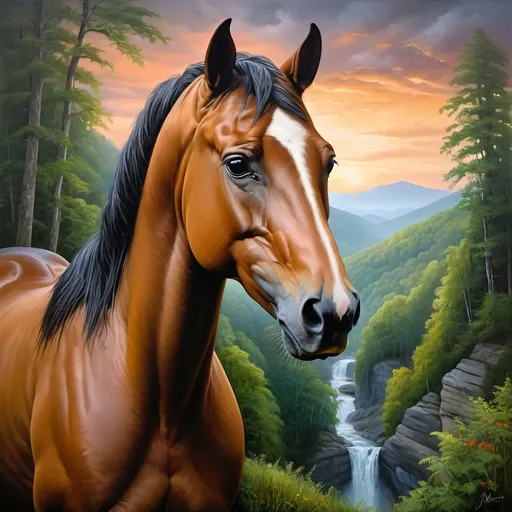 Prompt: (Honoring Nuit), (detailed oil painting), majestic stallion horse, awe-inspiring landscape of Eastern Kentucky, lush forest covered mountains, iconic Natural Bridge, vibrant greens of heavy trees and dense vegetation, ethereal twilight sky, serene atmosphere, high depth cinematic beauty, ultra-detailed, rich color tones, captures the essence of nature and glory of the stallion.