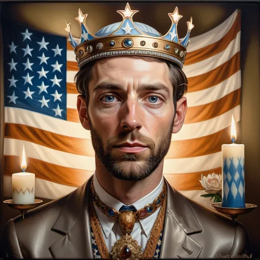 Prompt: A Seven Wonders Art Glass Studio painting of a man wearing a crown and American flag behind him with candles in the background and a candle lit room, Charles Bird King, american realism, highly detailed digital painting, a character portrait honoring Nuit.