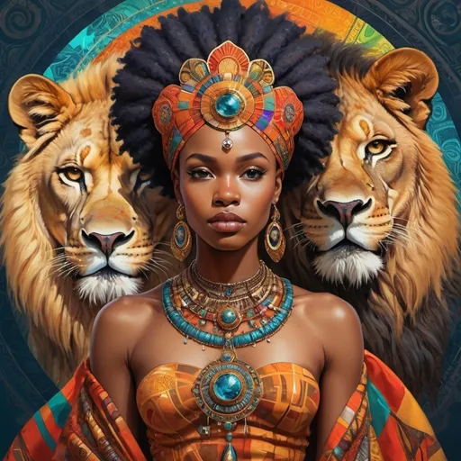 Prompt: (Chinwe Chukwuogo-Roy inspired), highly detailed digital painting, afrofuturism elements, a woman wearing an ornate headpiece, a majestic lion juxtaposed with her face, vibrant colors blending harmoniously, intricate patterns in the background, a detailed map of Africa framed behind, ethereal ambiance, captivating and symbolic, ultra-detailed, fine art masterpiece, evocative and sophisticated atmosphere.