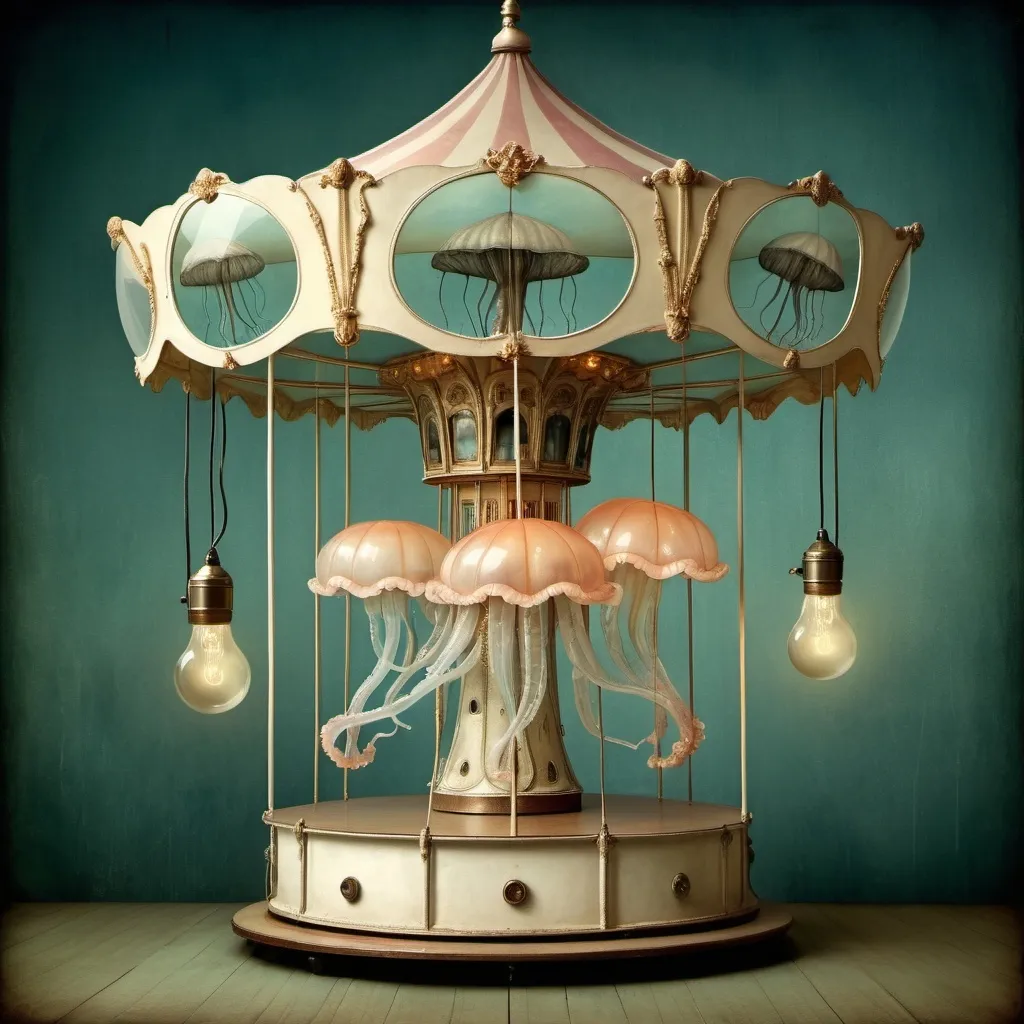 Prompt: a carousel with a jellyfish on it's side and a light bulb hanging from the top of it, Catrin Welz-Stein, magical realism, whimsical, a surrealist sculpture