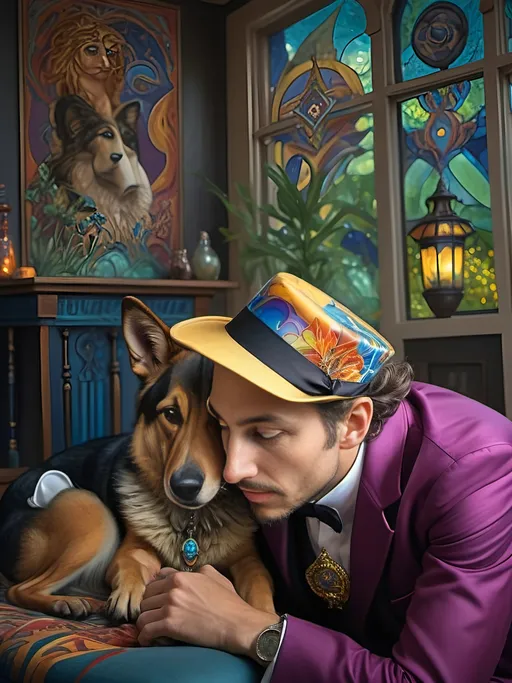 Prompt: A Seven Wonders Art Glass Studio Magician in top hat and tux sitting on magical front porch with his Long Coat German Shepherd’s head in his lap.  Honoring Nuit and the Trinity.  Modern renaissance with a vibrant psychedelic flair.