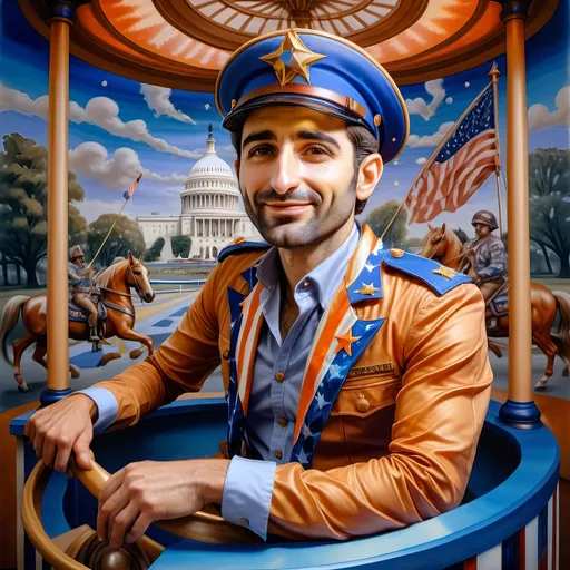 Prompt: (A Seven Wonders Art Glass Studio), oil renaissance painting, (vibrant colors), a man in military uniform, proudly riding on a Carousel of Heroes, surrounded by gracefully carved horses, soft, glowing ambiance, honoring veterans and those serving in the U.S. Military, warm golden lighting, intricate details in the uniform, carousel with richly adorned decorations, respectful atmosphere, high quality, ultra-detailed.