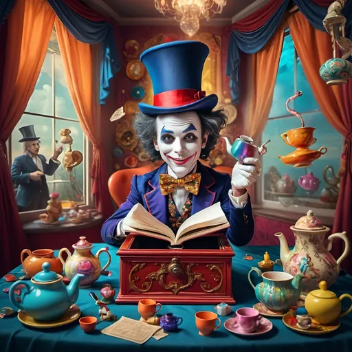 Prompt: (Still life portrait) of a magician jack-in-the-box man, (psychedelic style), vibrant color scheme, surrounded by whimsical teapots and floating magical items, colorful tea party atmosphere, (open book) in front, enchanting details unfolding, dreamy background, magical surrealism, explosive color contrasts, (ultra-detailed) composition, captivating light effects, cheerful yet enchanting mood, an exploration of imagination and wonder.