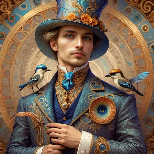 Prompt: a painting of a colorful bird with a circular background and a gold ring around it's neck and a blue eye, Android Jones, psychedelic art, highly detailed digital painting, a detailed painting