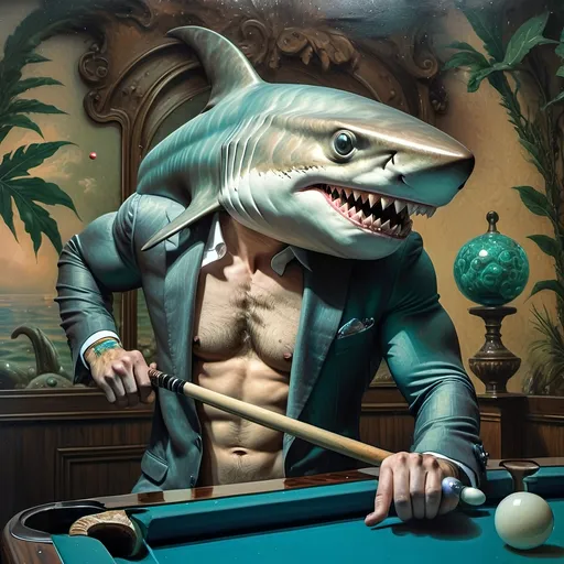 Prompt: (shark in a suit playing pool), (pool cue and ball in front), F. Scott Hess style, pop surrealism, classical painting, (younger and bolder color tones), (highly detailed), dreamy ambiance, intricate textures and reflections, juxtaposition of elegance and playfulness, fine art masterpiece, inspired by 7 Wonders Art Glass Studio, honoring Nuit, ultra-detailed, 4K.