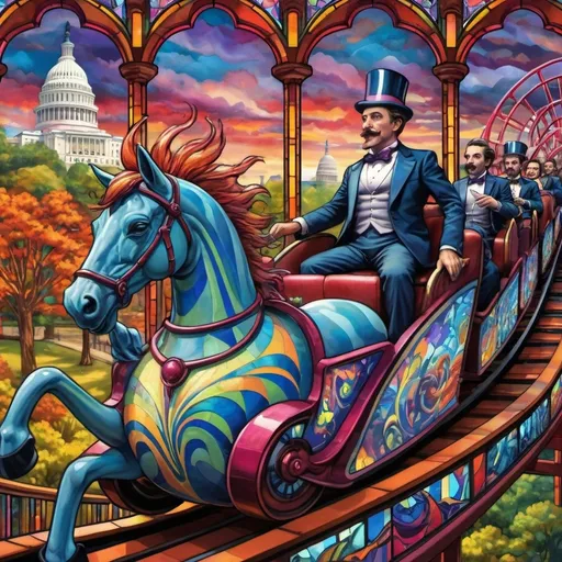 Prompt: (psychedelic art style), magicians riding a roller coaster, vibrant color scheme, whimsical atmosphere, capturing surprise photos,  intricate fine details, amusement park titled "Liberty Park" in D.C., stunning stained glass coaster, fantastical clouds floating, kaleidoscopic visuals, surreal happiness, exciting energy, high contrast colors, ultra-detailed, dreamlike scenery, bountiful whimsy, inviting yet thrilling ambiance.