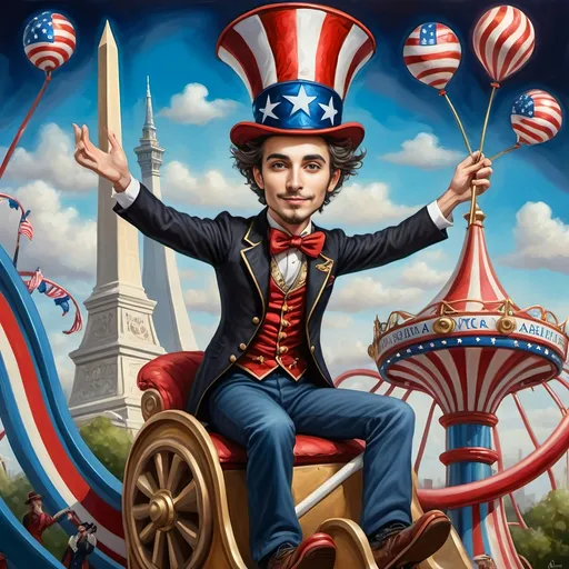 Prompt: (Acrylic painting of a magician man), wearing a (patriotic top hat), joyfully riding a (whimsical rollercoaster) in Liberty Park, with (HD details), vibrant colors, and enchanting motifs. The scene features the (Washington Monument) in the background, as well as the phrase (accurately spelled text "Yankee Doodle"). An aura of celebration and magic surrounds the image, honoring Nuit and the Aeon of Horus.