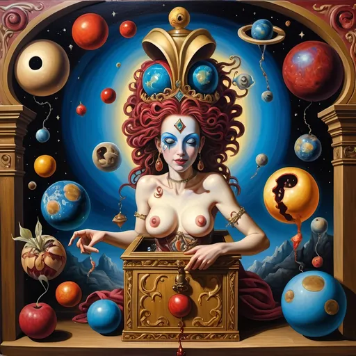 Prompt: (Renaissance oil painting), a stunning masterpiece capturing the essence of the Goddess Nuit, a whimsical Jack-in-the-Box emerging in ornate attire, sewing the seeds of the universe, planets swirling around, vibrant cosmic colors illuminating the canvas, intricate details, rich textures, playful yet profound ambiance, 4K ultra-detailed, an extraordinary blend of mythology and creativity celebrating the act of creation in a mystical setting.