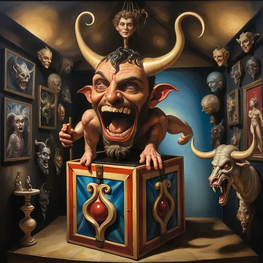 Prompt: (7 Wonders Art Glass Studio), (oil painting), demons as jack-in-the-boxes, circus setting, (highly detailed), (ultra-fine details), esoteric ambiance, dark and mysterious atmosphere, surreal colors, intricate textures, curiosity sparks, vivid contrasting shadows, ethereal lighting, artistically whimsical exhibits, hauntingly beautiful, capturing the essence of Nuit.