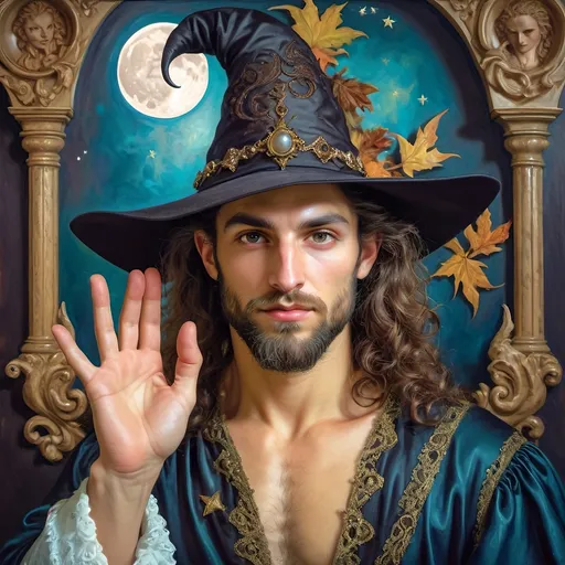 Prompt: (honoring Nuit), moon and stars) captivating handsome man magician, pointed witch hat, facial features highlighted, elegant beard, (renaissance baroque painting style), dark mystical background, rich deep colors with dramatic contrast, elements of Halloween celebration in still life arrangement, enigmatic ambiance, intricate shadows and light, (highly detailed), evoking intrigue and enchantment.