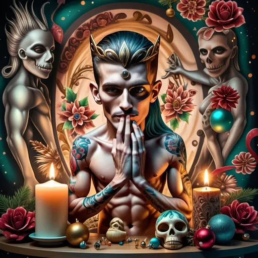 Prompt: (nutcracker), (candle and candle holder), surrounded by (Christmas decorations), (psychedelic art style), (vibrant color scheme), (extremely detailed), (oil painting), (airbrush painting), inspired by (Anne Stokes), (pop surrealism), dynamic patterns and textures, warm and festive ambiance, high-quality artistry, rich hues melding into each other, whimsical elements drawing viewers in, enchanting holiday spirit, magical atmosphere.