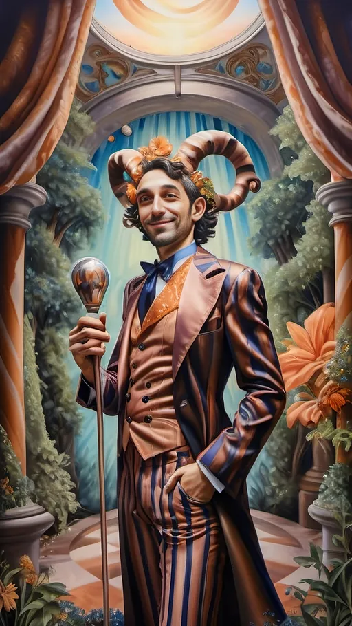 Prompt: Art Deco style, (vibrant color scheme), Renaissance oil painting, (ultra-detailed), (character portrait) of a Magician transforming into a Satyr, lush Arcadia setting, surrounded by abundant lush greenery, delicate flowers, soft sunlight filtering through trees, dreamlike atmosphere, enchanting and whimsical vibe, intricate details in expression and pose, capturing magical transformation moment.