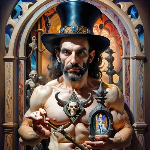 Prompt: (A psychedelic oil painting) of a magician, (a man with a top hat and cane), vivid color palette, enchanting scene, intricate stained glass window behind him, whimsical patterns, surreal atmosphere, mystic aura, high contrast lighting, art reflecting the imaginative essence of seven wonders, (ultra-detailed), captivating and dreamlike ambiance.