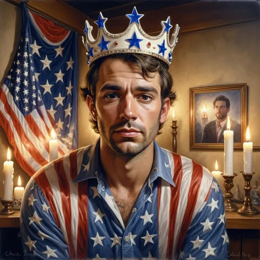 Prompt: A Seven Wonders Art Glass Studio painting of a man wearing a crown and American flag behind him with candles in the background and a candle lit room, Charles Bird King, american realism, highly detailed digital painting, a character portrait honoring Nuit.